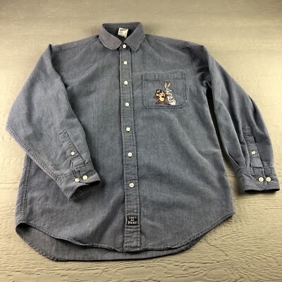 Vintage Warner Bros Button Shirt Taz Bugs Bunny Embroidered Blue Adult S Mens