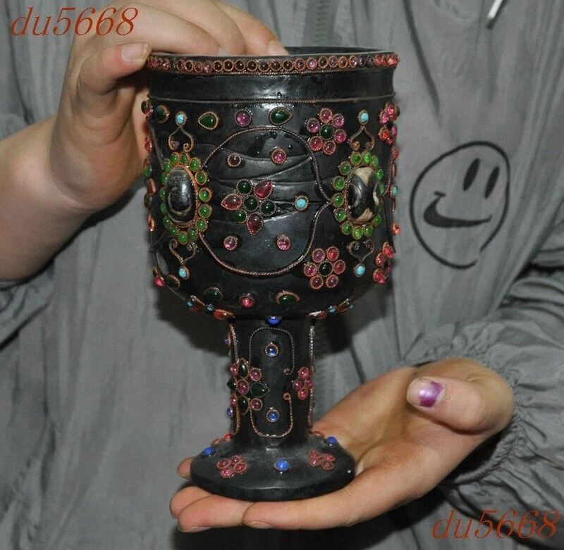 7.2" Cultura Hongshan meteorito incrustación de hierro gema cuentas Dzi copa copa copa copa de vino Foto 2 de 4