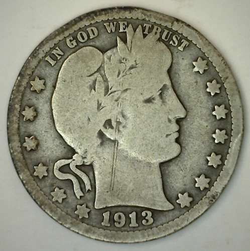 1913 Silver Barber Quarter Circulated GOOD 25c US Type Coin Philadelphia