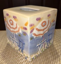 Bacova Ceramic Tissue Box Cover Cube - Seaside Beach Umbrella Chair Table Theme