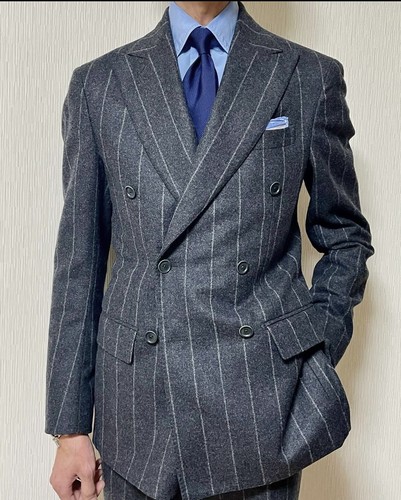 100% Wool Cashmere Men's Suits Striped Peak Lapel Wedding Business Men Tuxedos - Picture 2 of 8