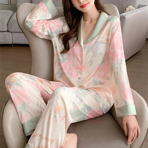 Pijama Seda Hielo Mujer Pijama Primavera Manga Larga Hogar Set - Imagen 38 de 49