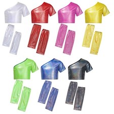 Girls Jazz Dance Outfits Metallic Crop Top with Gloves One Shoulder Short Sleeve