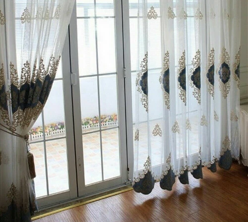 Tende eleganti trasparenti per finestra fiori ricamo europeo voile beige pizzo lusso - Foto 1 di 13