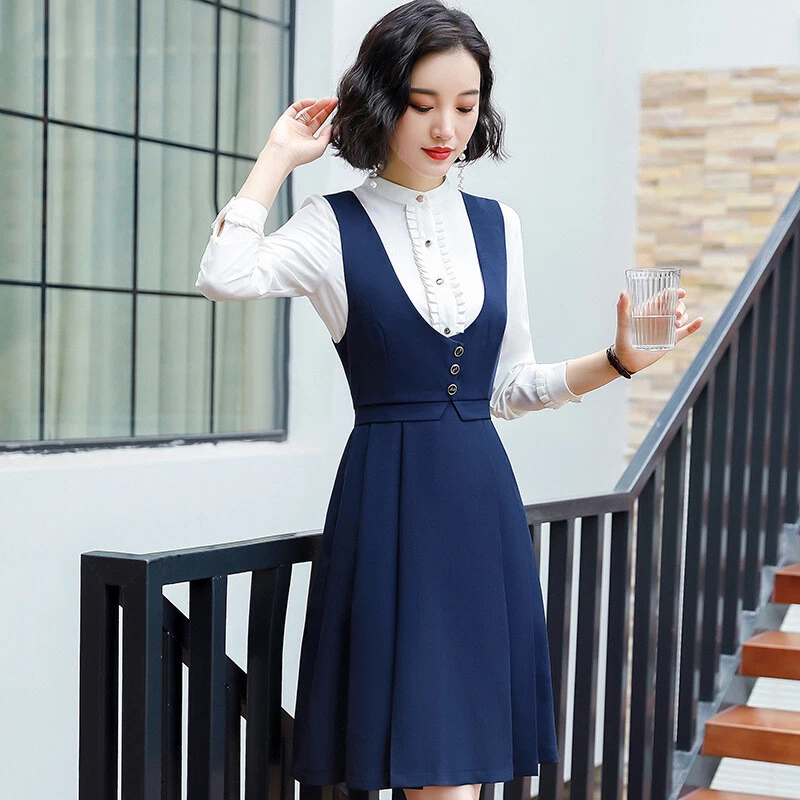 New Sleeveless Ladies Office Blue Casual Dresses For Women