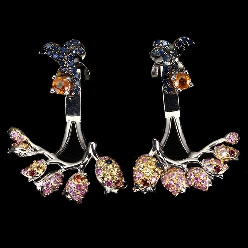 Pendientes De Flor De Zafiro Redondo De Plata 925 Con Corte De Diamante De 3mm - Imagen 19 de 21