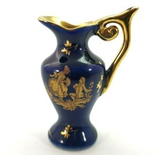 Limoges Castel France Miniature Pitcher Porcelain Cobalt Blue 22K Gold