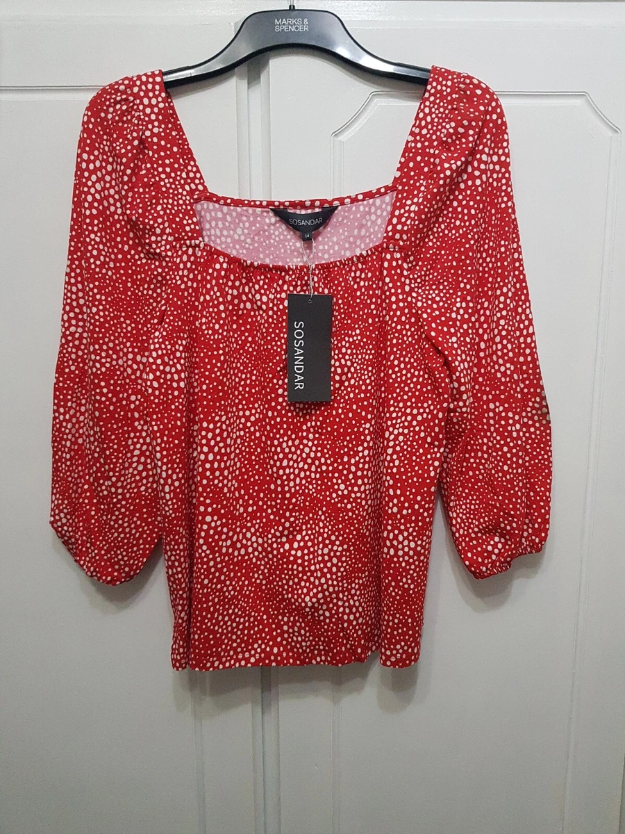 BNWT Ladies Top Size 14 Sosandar M S Red Confetti Spot Jersey