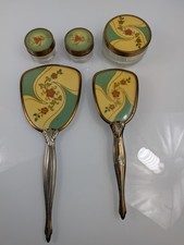 Antique Boudoir Vanity Set Hollywood Regency Floral Celluloid Mirror Jars 5pc