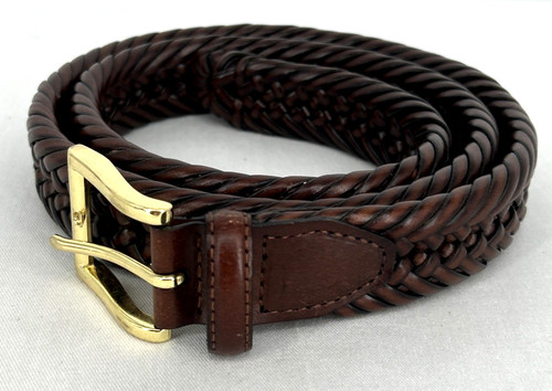 AAE Mens Belt 42 Brown Braided Genuine Leather Woven Brass Gold Buckle