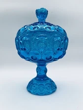 LE Smith Moon & Stars Blue Compote Pedestal Candy Dish Lidded 10” Footed Chipped