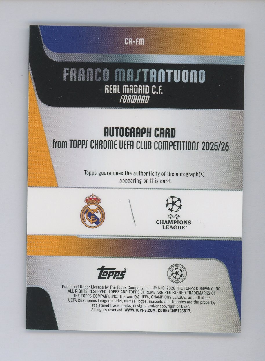 2025 Topps Chrome UEFA UCC Franco Mastantuono RC Rookie AUTO Silver Geometric view 2