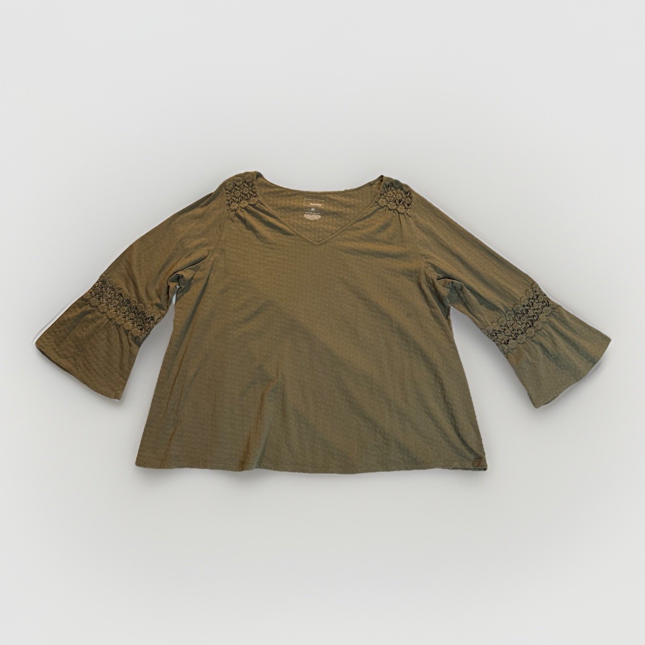 Sonoma Women's Size 2X Olive Green Shirt Crochet Lace V-Neck 3/4 Bell Sleeve