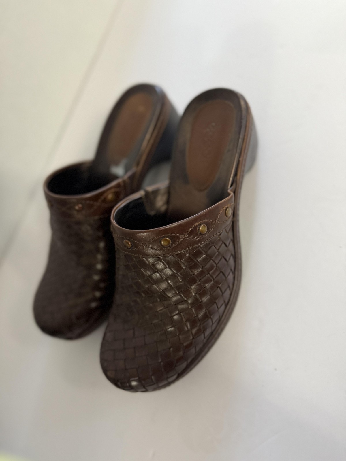 Ecco Shoes Womens Size 37 Brown Woven Leather Slip-On Mule Clogs Comfort Casual