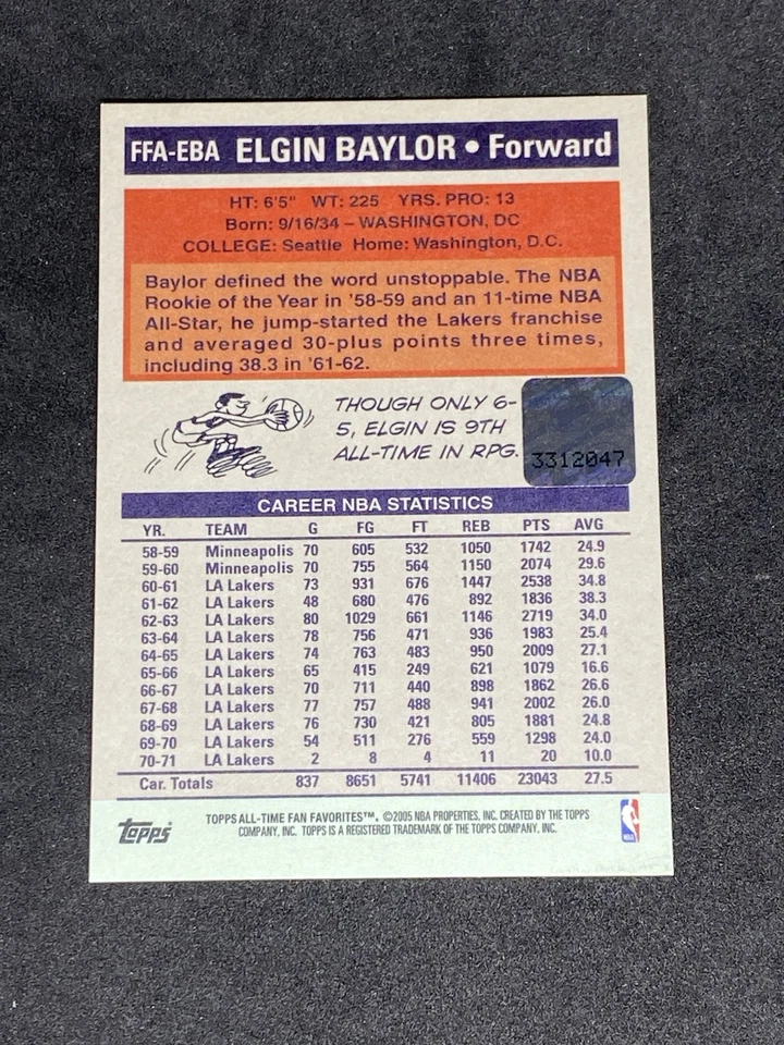 Elgin Baylor 2005-06 Topps 1952 Fan Favorites On Card Autograph LA Lakers Auto - Image 2 of 2