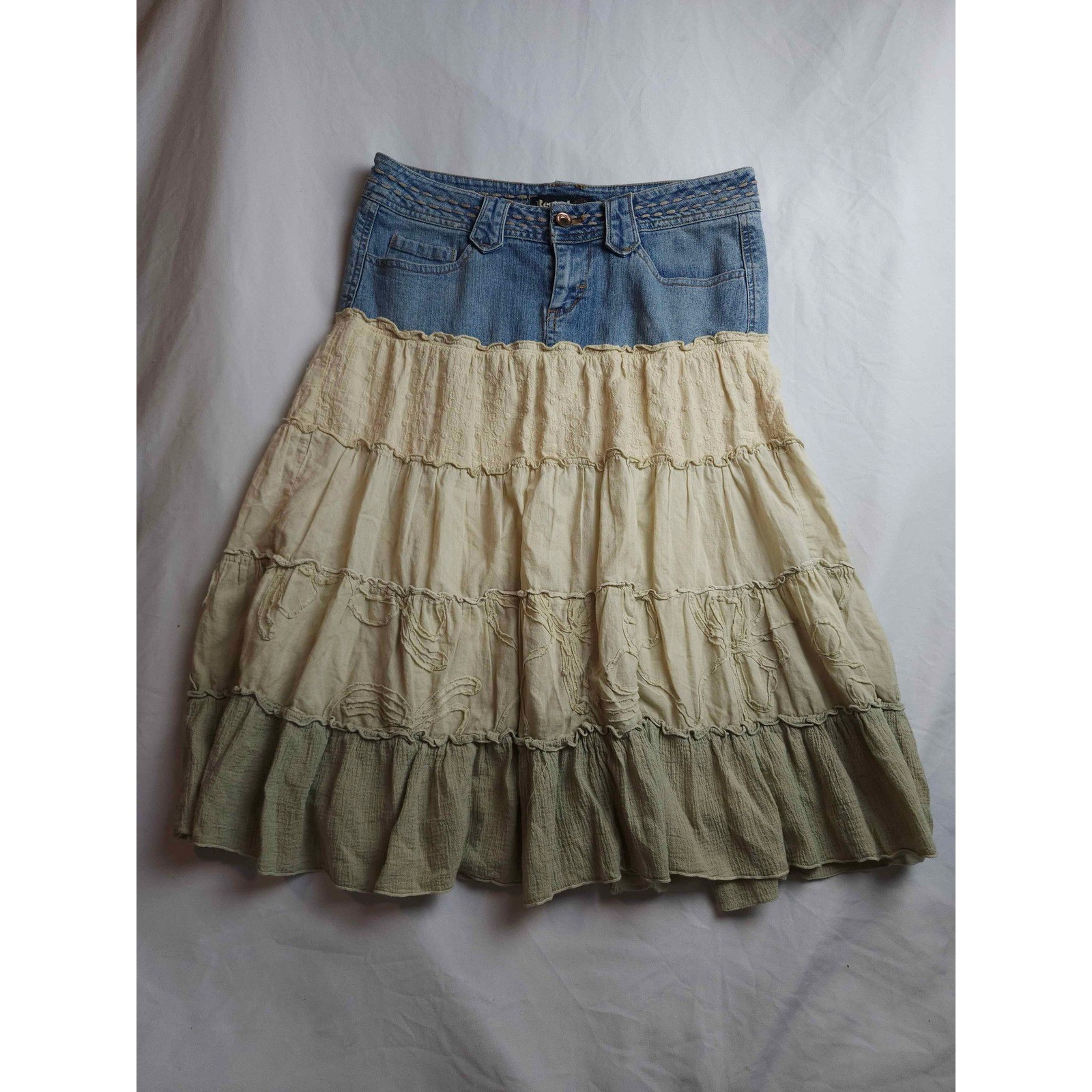 Rewind Denim Tiered Gauze Boho Midi Skirt Mixed Media Y2K Cottagecore Size 5
