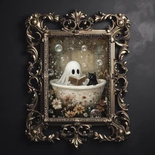 Ghost in the woods with pumpkins, dark academia, cottage core spooky decor art
