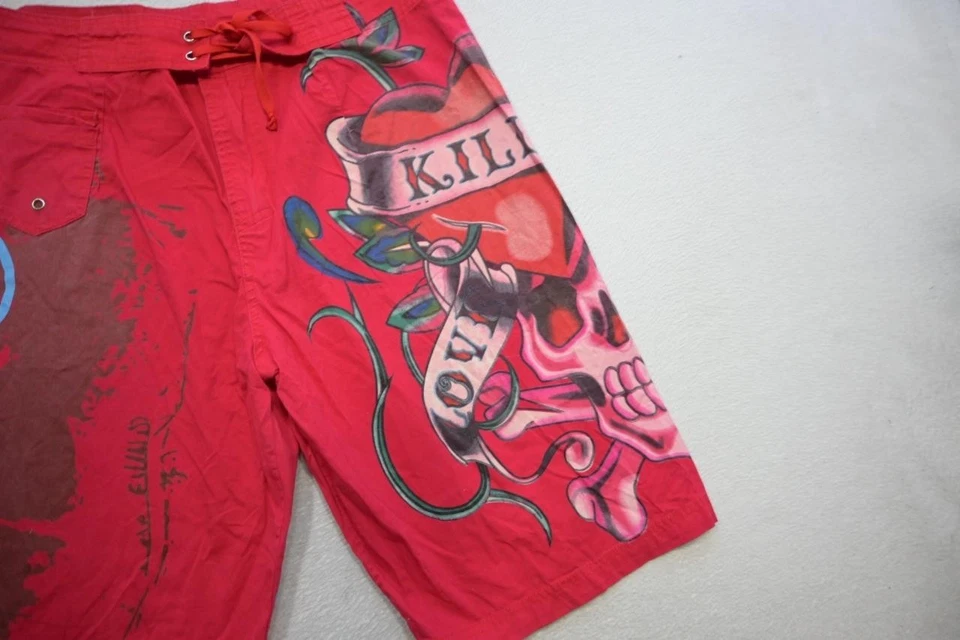 Pantalones Cortos De Colección Ed Hardy Para Hombre Rojo "Surf or Die" Talla Grande Gráfico Bañador Foto 2 de 4
