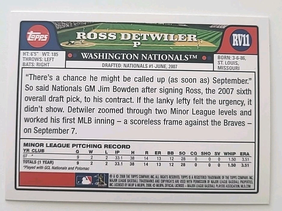 Ross Detwiler Topps 2008 MLB Rookie Card No RV11 - Image 2 of 2