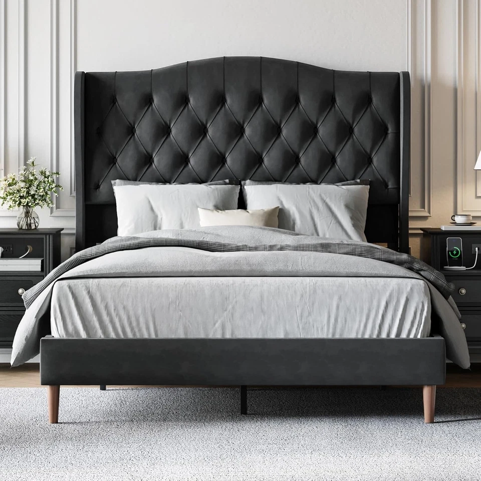 Cama Queen Terciopelo Negro - Cabecero Alado Mechonón, Plataforma Metal Sin Somier Foto 2 de 4