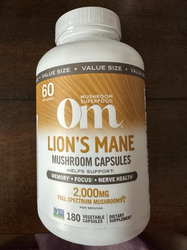 Om Mushrooms - Lion’s Mane Mushroom Capsules Supplement, 180 Caps - Exp 3/2027!