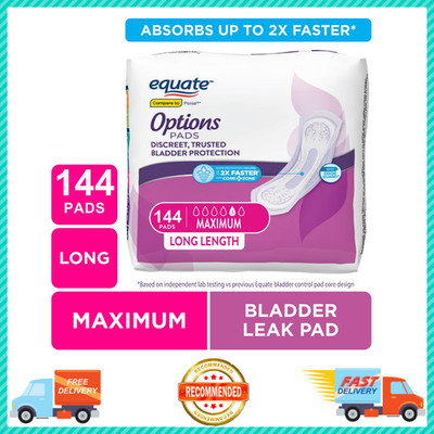 Options Women's Incontinence Pads Extra Coverage, Maximum, Long Length, 144 Ct