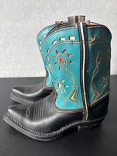 NOS VTG 50s-60s KIDS CHILDREN BLACK&BLUE LEATHER INLAY WESTERN COWBOY BOOTS 8.5D