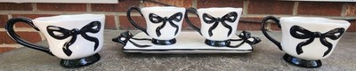 New Yedi Houseware Collection.  4 Ceramic Coffee Cups W/ Matching Tray. Blk Bows