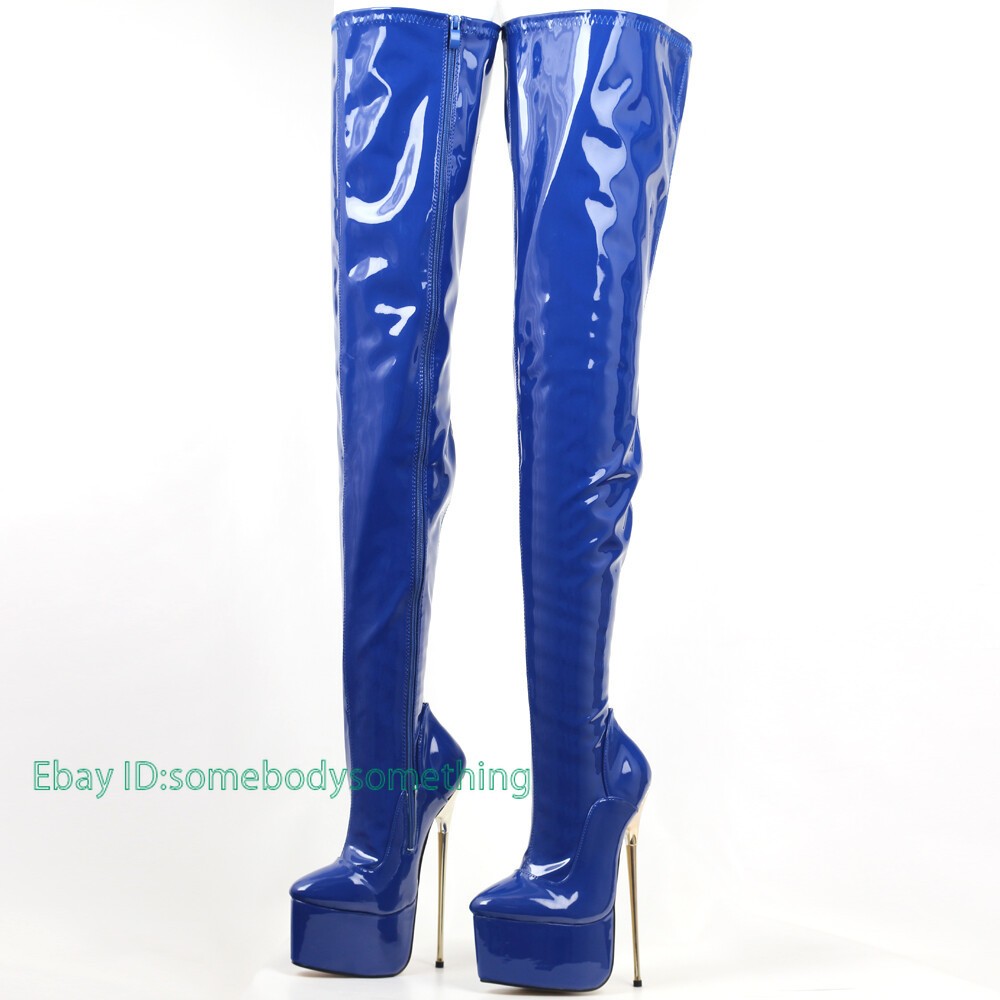 Botas de mujer con tacón de metal dorado de 22 cm tacón alto extremo hasta el muslo plataforma Stiletto