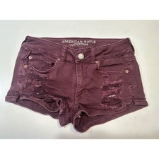 American Eagle Shortie Shorts Womens 6 Burgundy Distressed Ripped Denim Stretch