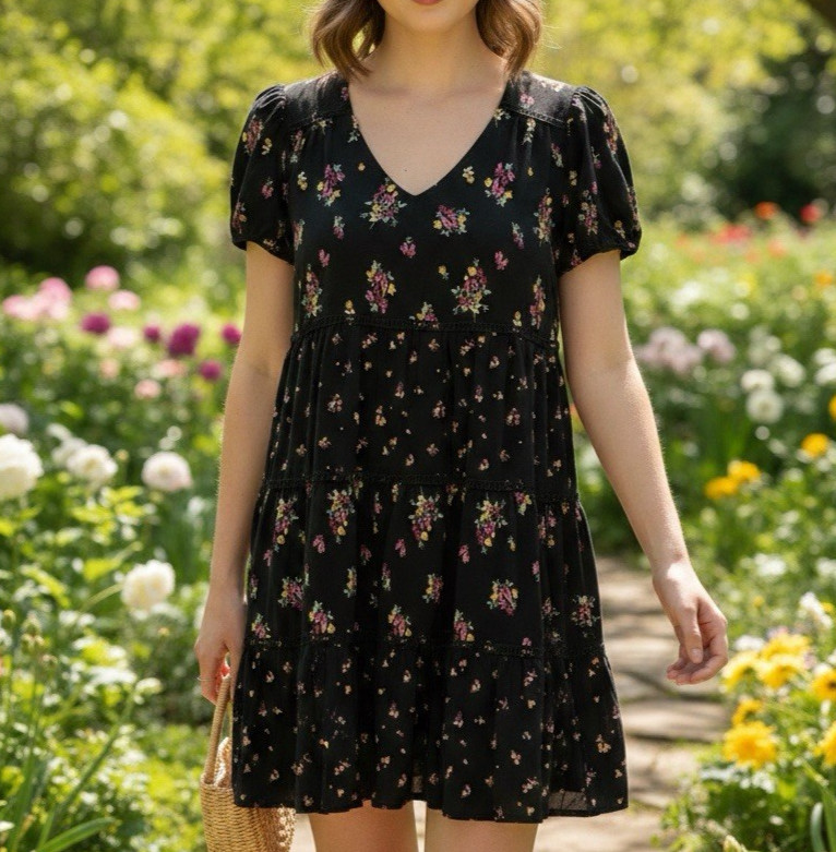 Wild Fable Floral tiered Mini Dress Puff sleeve V-neck babydoll cottagecore Y2K