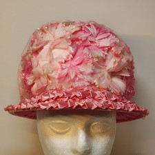 Vintage 1960s Women's Pink Hat Mesh with Flowers Netting Straw Brim Union Made