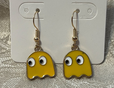 PAC Man CLYDE YELLOW Ghost Gold Loop Enamel Drop Dangle Adorable Earring Set