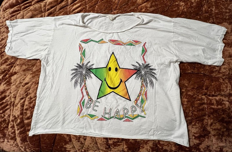 POL White T Shirt Retro Style Cropped Top Distressed Neck Neon Graphic Tee Large
