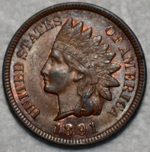 AU-UNC 1891 Indian Head Cent, Fully Lustrous w/ Hints of Original Red