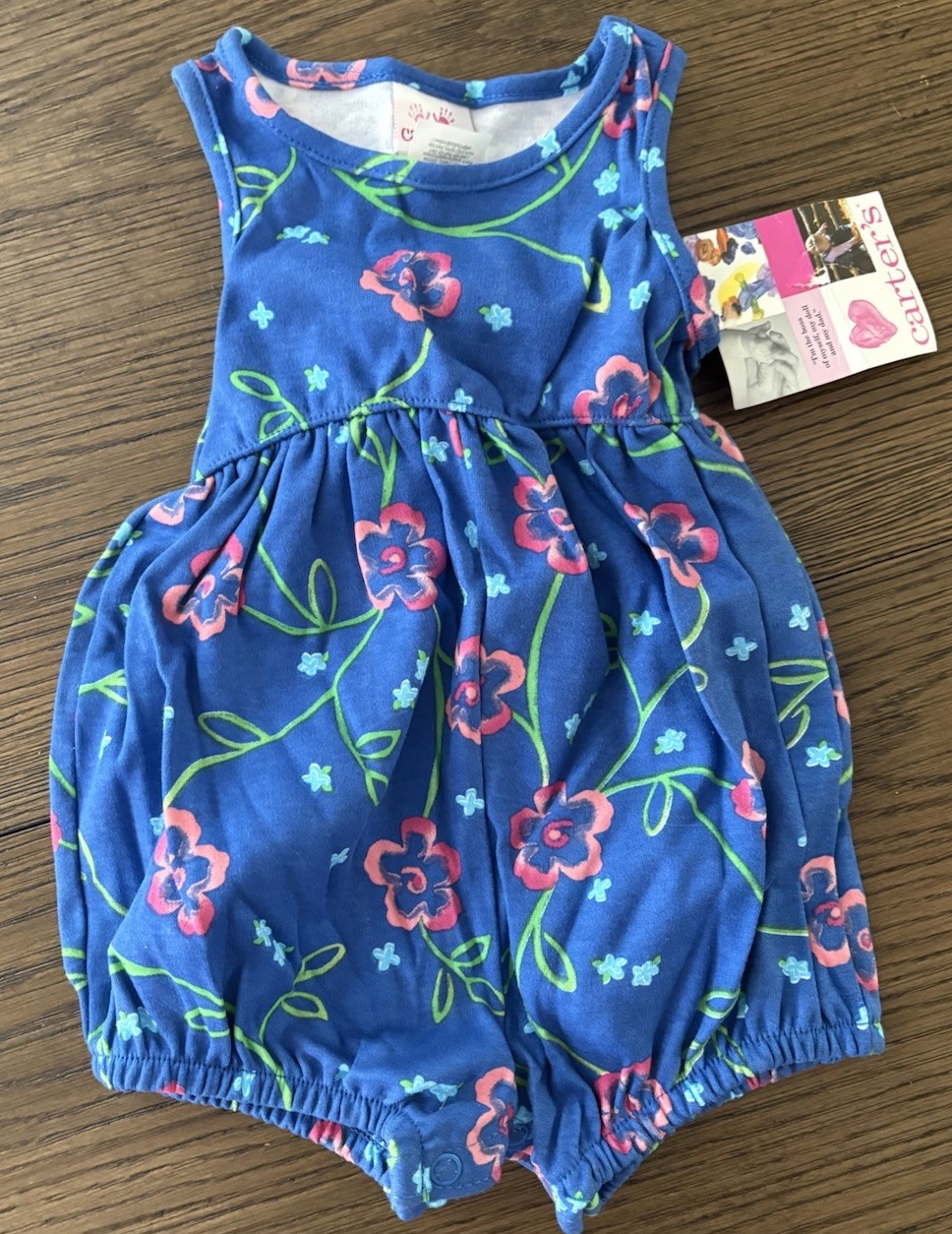 VTG 90s Carters Baby Girls Blue Floral Bubble Romper NWT Deadstock 6-9M Cotton