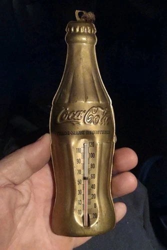 Vintage Original Coca-Cola Gold Bottle Metal Advertising Thermometer Sign Works