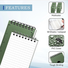 6 Pack Waterproof Notebook, 3 x 5 Pocket Notepad, Top-Spiral Weatherproof Not...