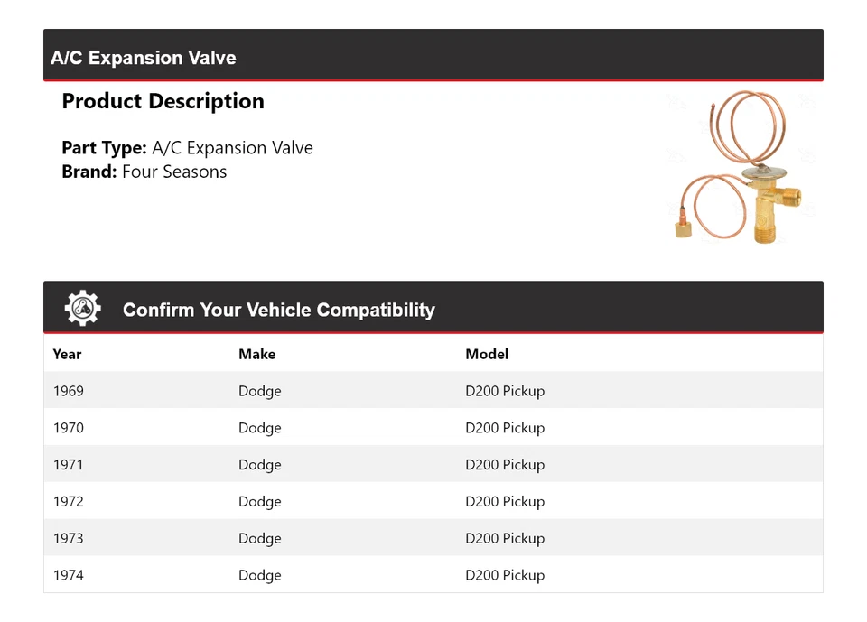 Válvula de expansión de aire acondicionado para camioneta Dodge D200 1969-1974 4 estaciones 1970 1971 1972 Foto 2 de 4