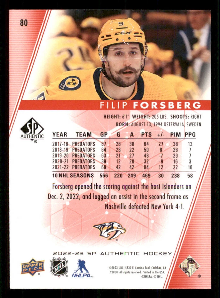 2022-23 SP Authentic Limited Red #80 Filip Forsberg - Image 2 of 2