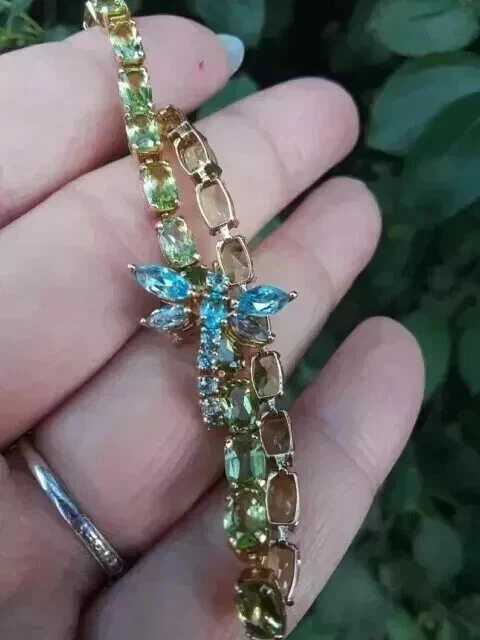 Женский теннисный браслет с перидотом 9 карат Oval Lab Created покрытие желтым золотом 14 карат 7 дюймов - Изображение 3 из 4