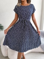 cap sleeve pleated A-line midi dress belted casual floral summer lightweight