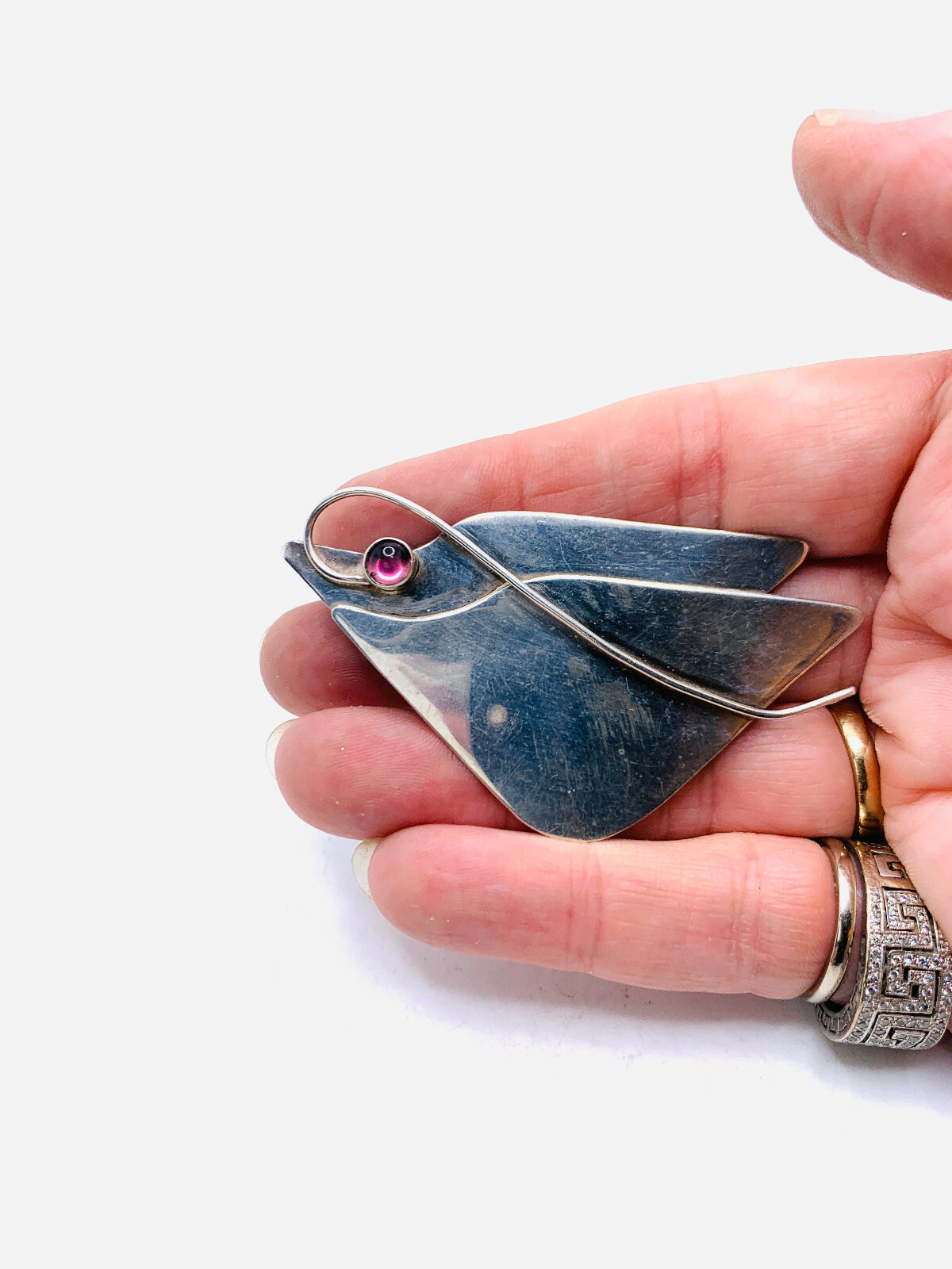 Rare Curved Organic Arlene Siwek Sterling 925 Amethyst Cabochon Brooch Vtg