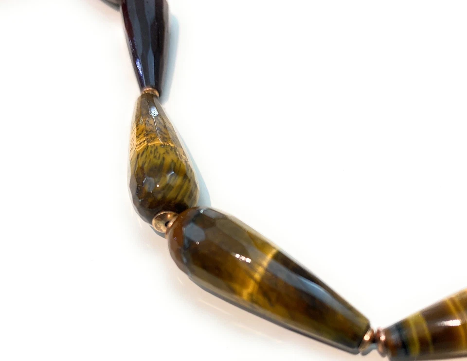 Collana Lunga Giada Gialla Occhio di Gatto Marrone/Giallo Argento Sterling - Immagine 3 di 4