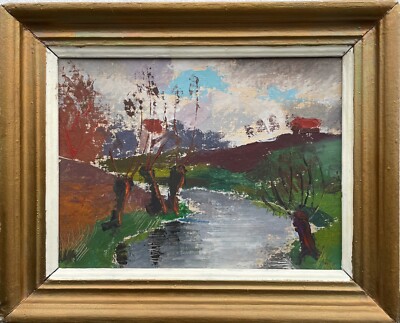 Expressionist Anonymous Modern Landscape With River Willow Trees Houses Clouds