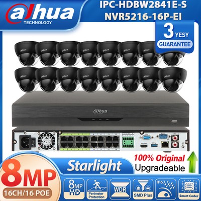 Black Dahua 16CH 16 POE NVR 8MP Starlight Dome MIC Security IP Camera System Lot