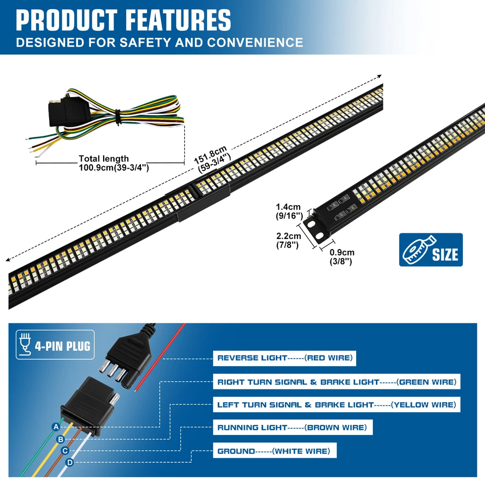 Barra de luz LED triple de 60" flujo ámbar señal de giro freno para Toyota Tacoma Foto 3 de 4