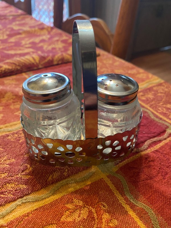 Pressed Glass Silver Top Salt and Pepper Shakers With Caddy