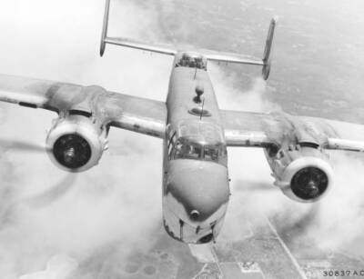 B-25 Mitchell medium bomber it prepares run dummy target demonstra- Old Photo