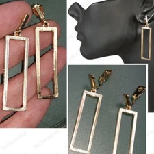 5cm long CLIP ON modern BLOCK square GOLD DROP EARRINGS open rectangles CLIPS